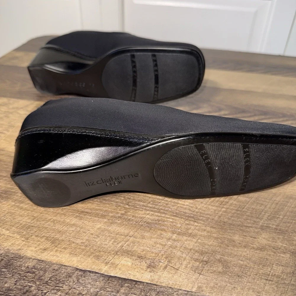 Liz Claiborne Flex Black Wedge Heel Square Toe Cushioned Comfort Womens 8.5M✅des